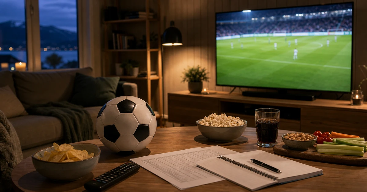 Fotball, TV-skjerm og norsk stue klargjort for VM-kamper